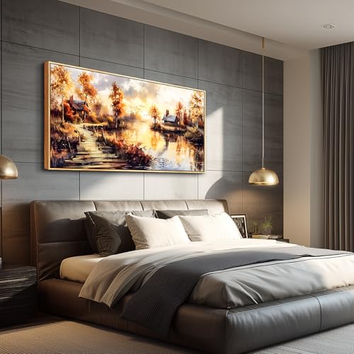 Large Framed Landscape Wall Art, Riverside Meadow Scenery Painting Print - color: Countryside Painting Wood Framed, size: 48"L x 24"W