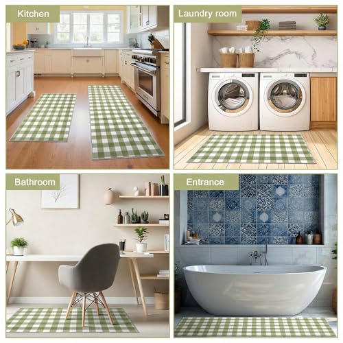 Dunzy 2 Pcs Sage Green Kitchen Mat Farmhouse Plaid Runner Non-Slip Washable - color: Sage Green