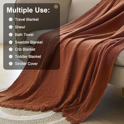 Cotton Muslin Throw Blanket with Tassels, 50 x 60 Inches, Lightweight Breathable Pre-Washed Gauze Blanket for Couch and Bed, All-Season Farmhouse Throw, Rust - color: Rust, size: 50" x 60"