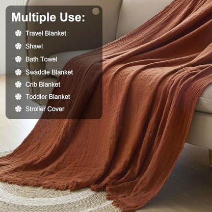 Cotton Muslin Throw Blanket with Tassels, 50 x 60 Inches, Lightweight Breathable Pre-Washed Gauze Blanket for Couch and Bed, All-Season Farmhouse Throw, Rust - color: Rust, size: 50" x 60"