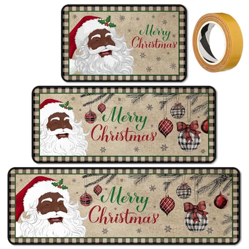 Fourluoo 3 Pcs Christmas Kitchen Rugs and Mats Set Black Santa - color: Santa