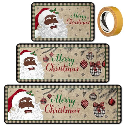 Fourluoo 3 Pcs Christmas Kitchen Rugs and Mats Set Black Santa - color: Santa
