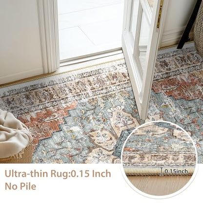 BESTSWEETIE Washable Boho 8x10 Area Rug, No Pile, Living Room, Green Brick - color: Green/Brick/Rust Red, size: 10' x 8' (Rectangular)