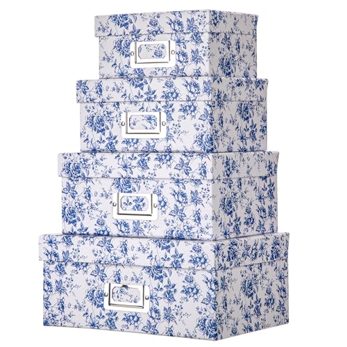 Briful Blue White Floral Nested Decorative Storage Boxes with Lids | 4Pcs Vanity Desktop Organizer Bin, Cardboard Photo Boxes Storage for Makeup, Office Supplies, Entryway Shelf Decor, Gift Box - color: Blue and White