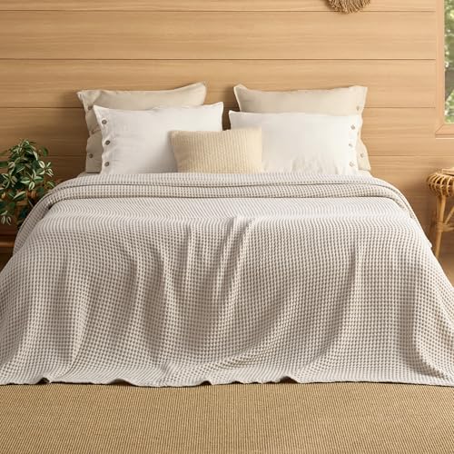 Bedsure Lightweight 100% Cotton Waffle Blanket, Oversized King, Linen - color: Linen, size: Oversized King (120" X 94")