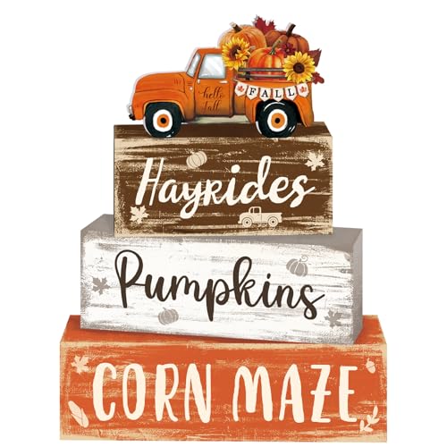 4 Pcs Fall Decor for Home Truck Pumpkin Wooden Signs with Sunflower - style: Truck