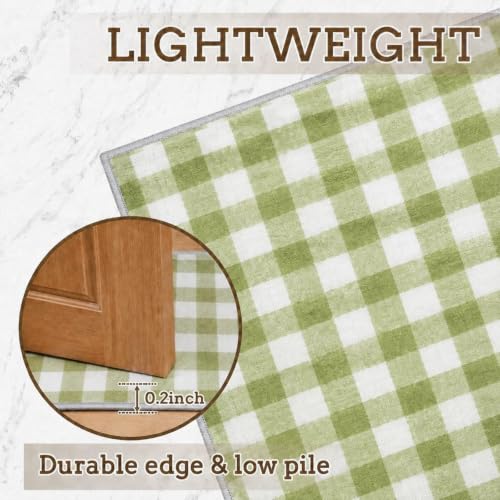 Dunzy 2 Pcs Sage Green Kitchen Mat Farmhouse Plaid Runner Non-Slip Washable - color: Sage Green
