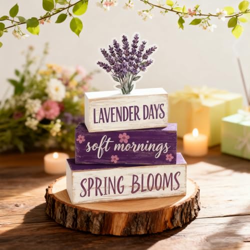 Spring Decoration Wooden Tiered Tray Decor – Rustic Lavender Days Stacked Block Sign with Lavender Flower Topper – Farmhouse Tabletop Spring Decor for Living Room Shelf Kitchen Coffee Bar Seasonal Home Display - style: Lavender