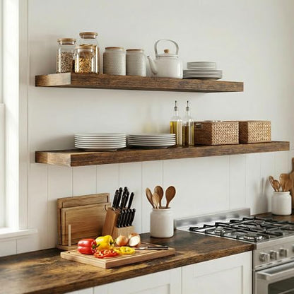 12 inch Deep Floating Shelves for Wall, 72" Wide, Rustic Brown, 2-Pack - color: Rustic Brown, size: 72"w x 12"d, 2p