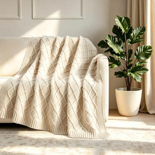 CREVENT Farmhouse Boho Knitted Throw Blanket for Couch Sofa Chair Bed Home Decoration, Soft Warm Cozy Light Weight for Spring Summer Fall (50''X60'' Chenille Ivory) - color: Chenille Ivory, size: 50inchx60inch