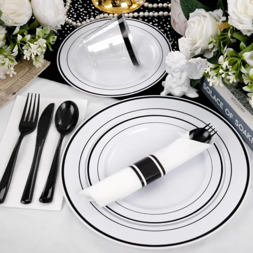WELLIFE 350Pcs Black Plastic Dinnerware with Pre Rolled Napkins, Include:50 Dinner Plates, 50 Dessert Plates, 50 Paper Napkins, 50 Cups, 150 Plastic Cutlery - color: Black, style: 350PCS（50 Guests）