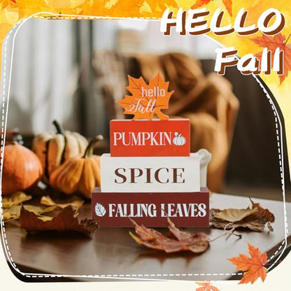 4 Pcs Thanksgiving Fall Decor Wooden Table Centerpieces Fall Maple Leaf Block Sign Decorations for Home Wooden Tiered Tray Decor for Tabletop Autumn Harvest Party Home Kitchen - style: Maple Leaf