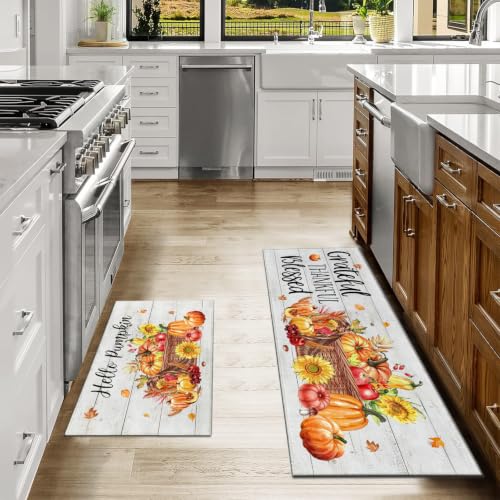 Fall Kitchen Rugs Set of 2,Fall Entrance Door Mats Wood Grain Pumpkin Non Slip Kitchen Rug,Washable Anti Fatigue Mat,Kitchen Floor Washable Runner Rug,Autumn Thanksgiving Kitchen Laundry 17x30+17x47In - color: Watercolor Pumpkin