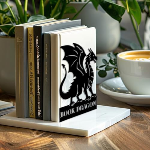 Peacoblue 5.3"x4.3"x6.9" Metal Bookends, Heavy Duty Book Ends for Shelves - style: Dragon
