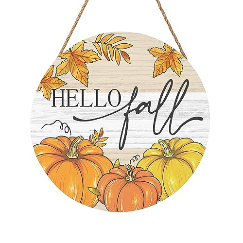 Hello Fall Welcome Sign Door Sign 12"x12" Fall Door Decorations Hanging Sign Farmhouse Pumpkin Round Wooden Sign for Home Front Door Wall Porch Yard Garden - color: Fall Pumpkin