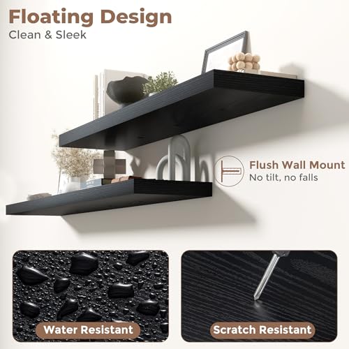 72 Inch Floating Shelves, 12"Deep Wall Shelf, 80 Lbs Capacity, Black, 2pcs - color: Black, size: 72"Wx12"Dx1.5"H