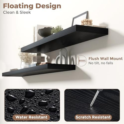 55 Inch Floating Shelves, 12"Deep Wall Shelf, 80 Lbs Capacity, Black, 2pcs - color: Black, size: 55"Wx12"Dx1.5"H