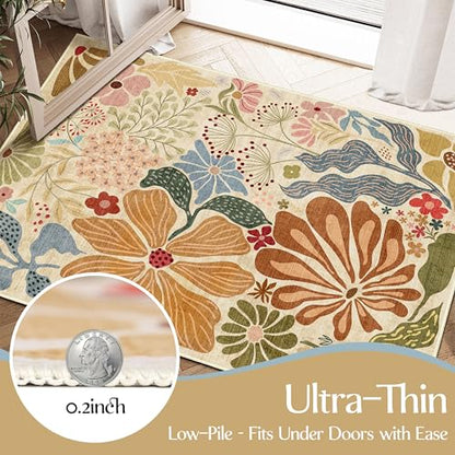 MUJOO Round Rug 5ft,Circle Washable Area Rug Non Slip Low-Pile Floral Beige - color: Beige, size: 5' (Round)