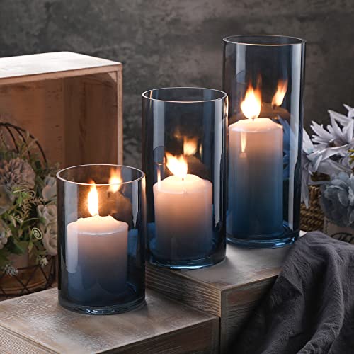Inbagi 3 Pack Blue Candle Holders, Glass Hurricane Vases, 6, 8, 10 in
