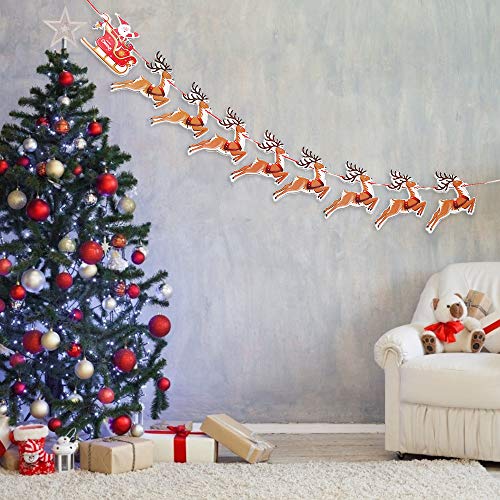 9 PCS Christmas Paper Banners Flags Santa and Reindeers Bunting Garlands for Door Wall Window Hanging Decoration Christmas Party Favor Supplies