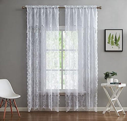 LinenZone 54 x 63 White Lace Curtains with Tassels. (Luna 54x63, White) - color: White, size: 54"W x 63"L (Pack of 2)