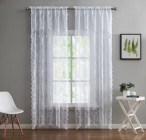 LinenZone 54 x 63 White Lace Curtains with Tassels. (Luna 54x63, White) - color: White, size: 54"W x 63"L (Pack of 2)