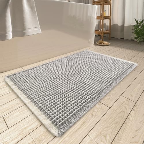 Upgraded Waffle Bath Mat Ultra Absorbent Non Slip Bathroom Mat, 18" x 30" - color: Light Grey & Cream, size: 18" x 30"