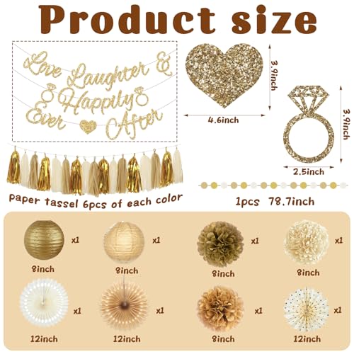 Bridal Shower Decorations,Gold Glitter Bridal Shower Decorations includes Love Laughter Happily Ever After Decorations Paper Flower Ball Wedding Decorations for Home Party Bachelorette Party Supplies - style: Gold