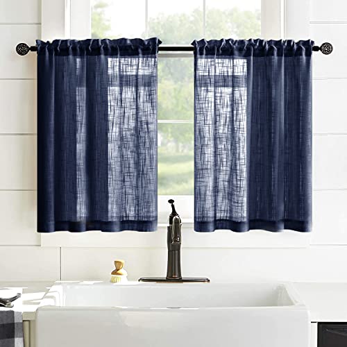 XTMYI Blue Cafe Curtains for Kitchen Window 36 Inch Length Faux Linen Look Short Small Semi Sheer Curtains for Bathroom Bedroom Navy Blue - color: Navy, size: 25"W x 36"L (Pack of 2)