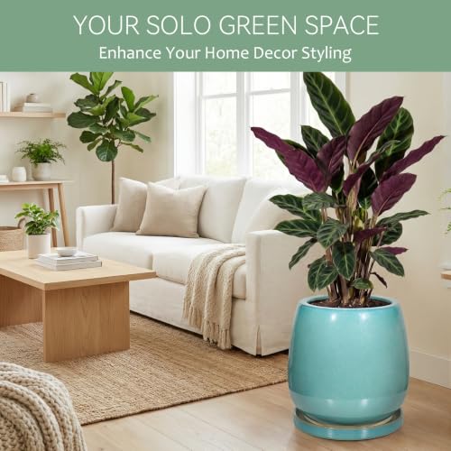 10.3 Inch Ceramic Glaze Plant Pot with Saucer, Flower Pots with Drainage Hole Mesh Net (Spot Green) - color: Spot Green