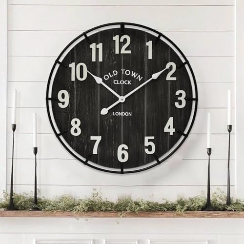 EMAX HOME Large Old Town Farmhouse Black Wall Clock 24 Inch Rustic Antique Wood with Metal Circle and Large Numerals Silent Battery Operated Wall Clock for Office Kitchen Bedroom Living Room - color: Black, size: 24 Inch