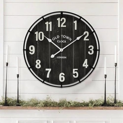 EMAX HOME Large Old Town Farmhouse Black Wall Clock 24 Inch Rustic Antique Wood with Metal Circle and Large Numerals Silent Battery Operated Wall Clock for Office Kitchen Bedroom Living Room - color: Black, size: 24 Inch