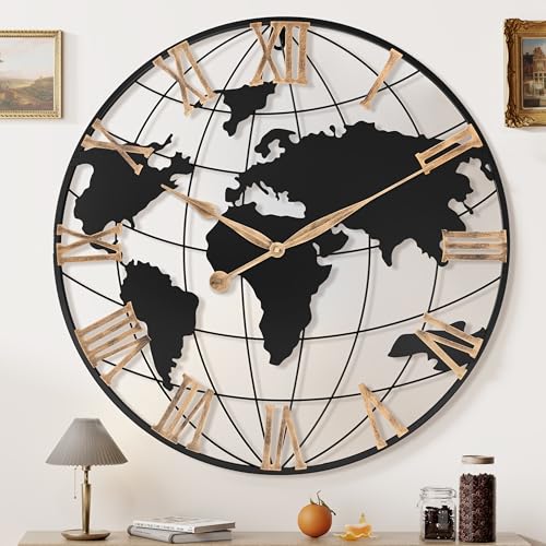 Pytha Sight 30 Inch Large Extra Giant Oversized Metal World Map Wall Clock - color: Gold Roman, size: 30 inch