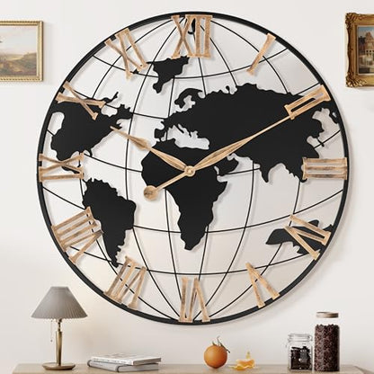 Pytha Sight 30 Inch Large Extra Giant Oversized Metal World Map Wall Clock - color: Gold Roman, size: 30 inch