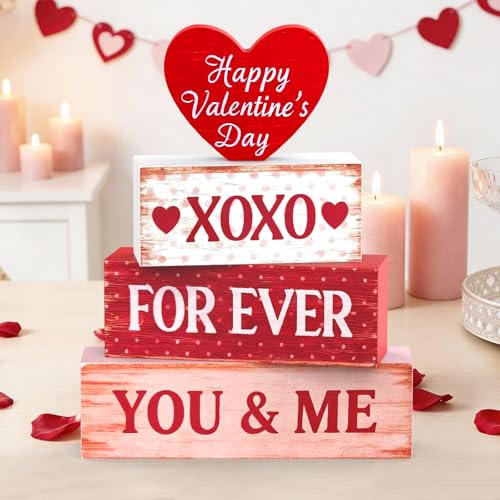 OLANRUN Valentines Day Decorations - 4 Pack Wooden Block Heart Set Signs Valentines Day Table Decor - 7.8 Inch Valentine's Decorations for Home Office Bedroom Tiered Tray Fireplace Mantel - style: Valentines - Love Heart