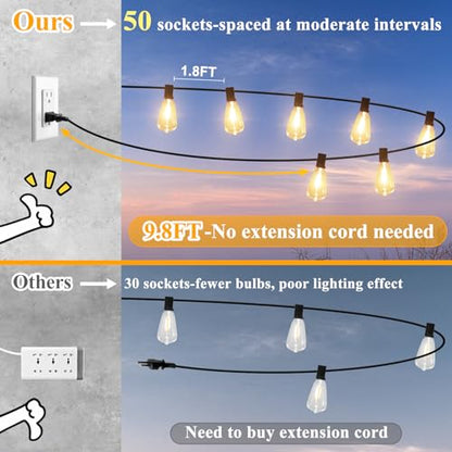 Brightever 100FT Outdoor String Lights 52 Bulbs, Waterproof Patio Lights - color: Black Wire Warm White, size: 100FT