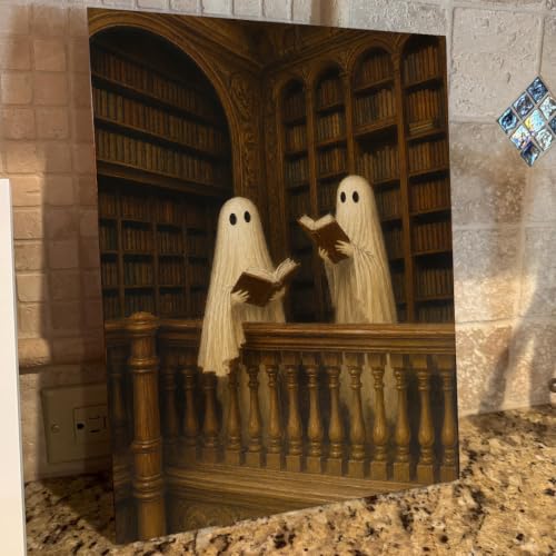 Halloween Wall Art Framed Canvas Print Ghost Reading Books Poster - color: Q
