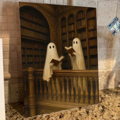 Halloween Wall Art Framed Canvas Print Ghost Reading Books Poster - color: Q