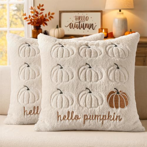 MIULEE Fall Pumpkin Pillow Covers 18x18 Beige Fall Decor - color: Beige, size: 18" x 18" (Pack of 2)