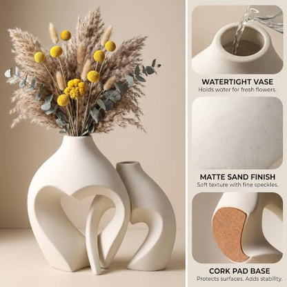 White Ceramic Flower Vase Home Table Decor Heart Shaped Vase Set of 2 - color: Pearl White