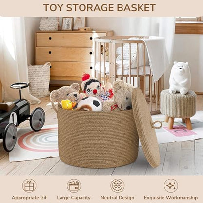 XXXXL Extra Large blanket basket with lid 21"x21"x18" blanket storage for living room,Large woven storage basket round laundry basket rope basket 115L (Jute) - color: Jute