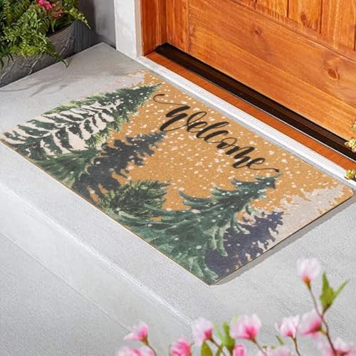 IZUS Winter Welcome-Doormat Snowflake-Pine Outdoor-Entrance-Mats Green-Trees Non-Slip PVC-Back-Mats for Farm-Porch-Office-Floor-Entry Decoration 17x29inch - color: Khaki-winter Welcome 6pine