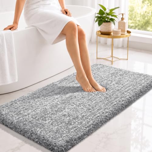 Yimobra Bathroom Runner Rug 47x24, Non Slip Washable Bath Mat, Gray & White - color: Light Gray and White, size: 47" X 24"