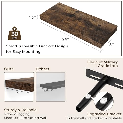 RICHFOCUS 24Inch Floating Shelves for Wall 2Pack|Rustic Brown|8" D - color: Rustic Brown, size: 23.6"L x 8"D, Set of 2