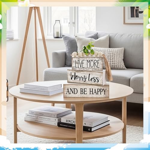 Moucuny 4 Pcs Inspirational Farmhouse Table Decor Rustic Stacked Wooden Block Sign - Live More Worry Less Be Happy Centerpieces Set with Beaded Tassel and Artificial Plant for Home, Office, Shelf Gift - style: Be Happy