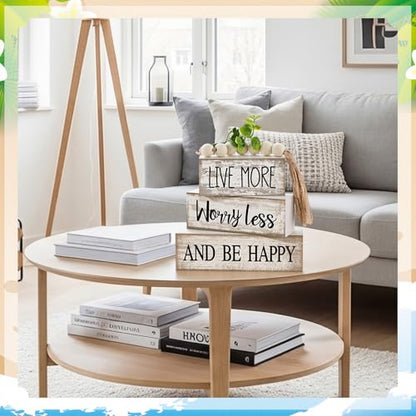 Moucuny 4 Pcs Inspirational Farmhouse Table Decor Rustic Stacked Wooden Block Sign - Live More Worry Less Be Happy Centerpieces Set with Beaded Tassel and Artificial Plant for Home, Office, Shelf Gift - style: Be Happy