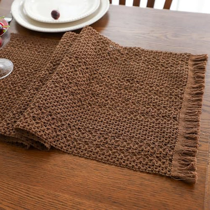 Simple&Opulence Boho Macrame 100% Cotton Table Runner - 12 x 72 Inch, Woven Farmhouse Table Runner with Fringed Edges for Bohemian Rustic Wedding, Bridal Shower, Dinner （Brown） - size: 12"x72", style: Cotton / Brown