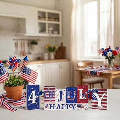 Smile Happy 4th of July Wooden Letter Block Set, 7-Piece Patriotic Tiered Tray Tabletop Decor for Independence Day - style: 4th of July