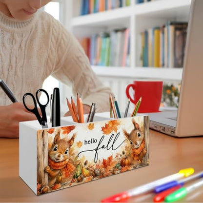 Hello Fall Squirrel Pen Pencil Holder Organizer for Desk - color: Fall squirrel