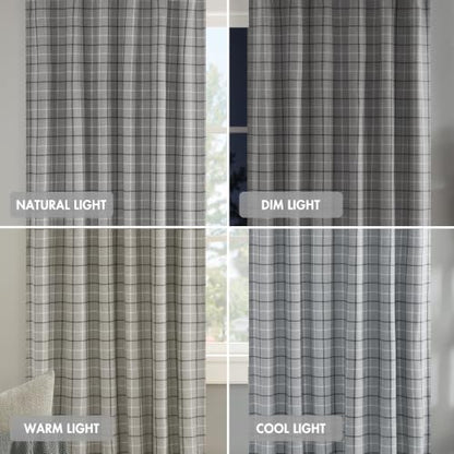 Madison Park Plaid Window Curtain, 1 Panel, 50x84 Grey, Top Tab - color: Faux Leather Tab Top, Grey, size: 50"W x 84"L (Pack of 1)